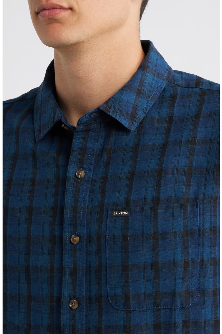Cru Plaid Linen Blend Short Sleeve Shirt, Alternate, color, DARK BLUE/ BLACK PLAID