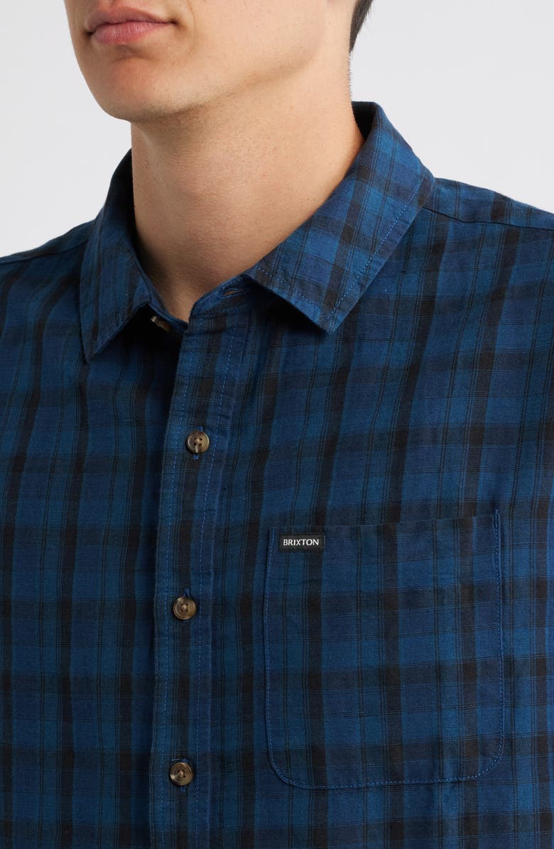 Brixton Cru Plaid Linen Blend Short Sleeve Shirt, Alternate, color, Dark Blue/ Black Plaid