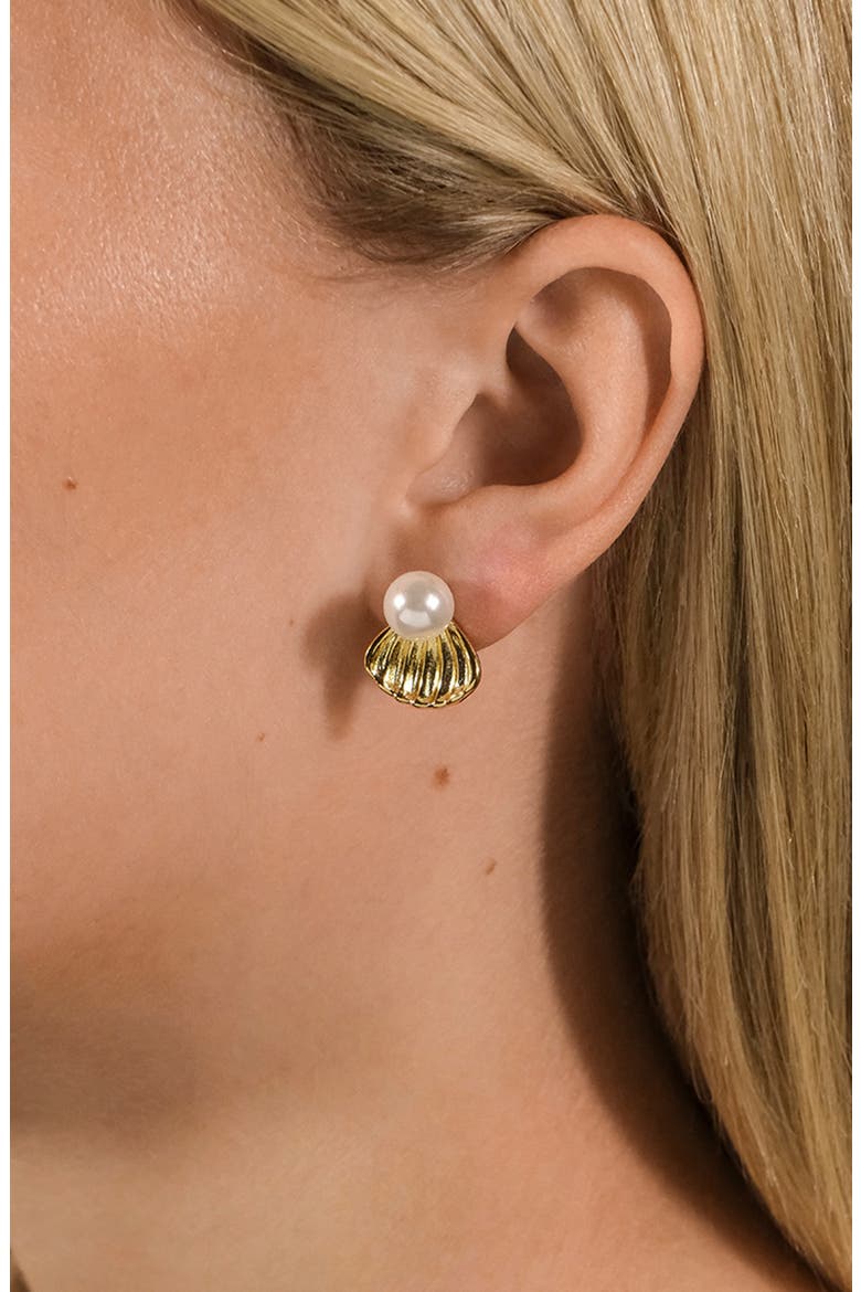 Alice Faux Pearl Shell Stud Earrings, Alternate, color, GOLD