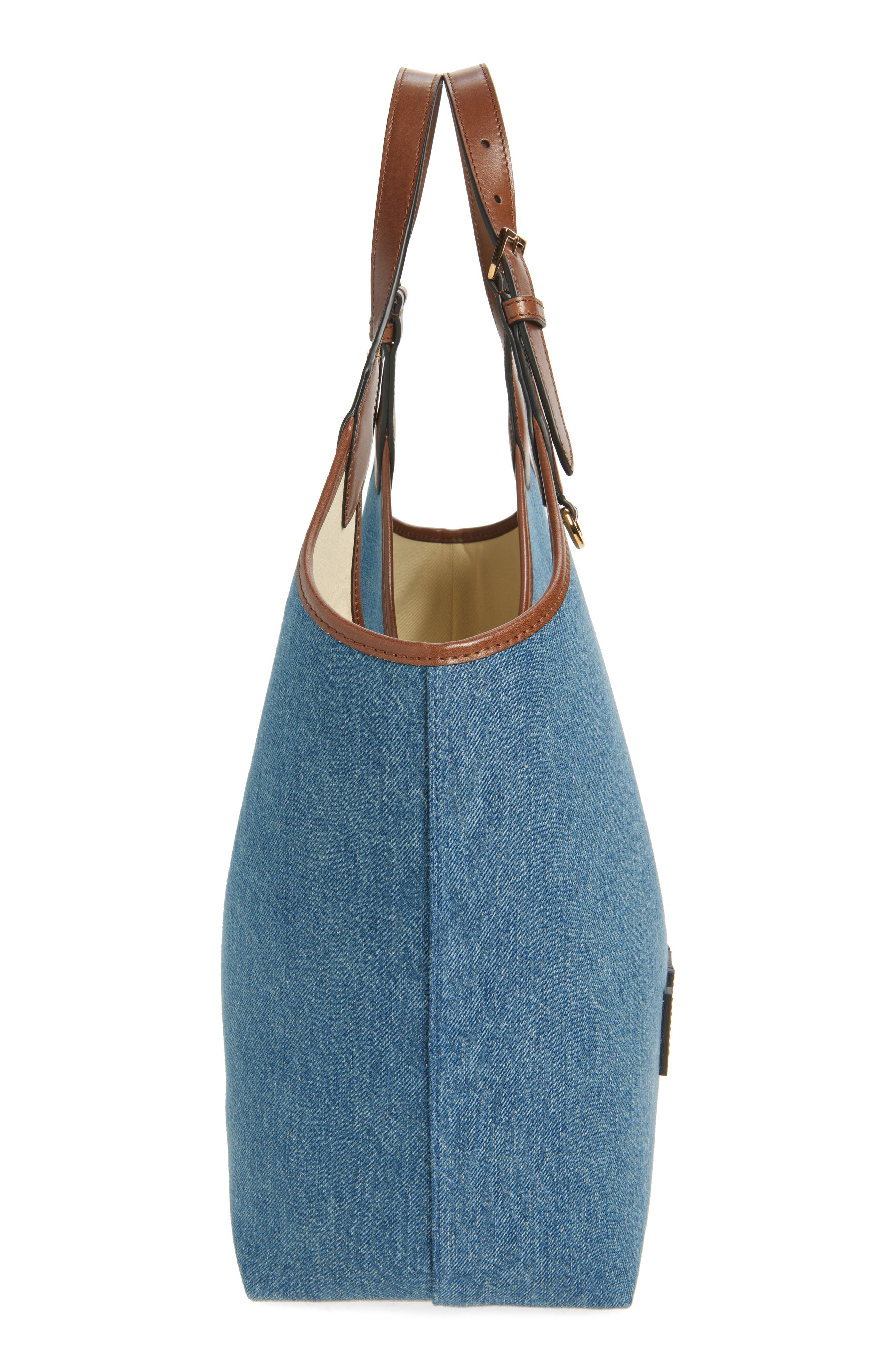 Versace Medium La Medusa Denim Tote, Alternate, color, Denim Brown Gold