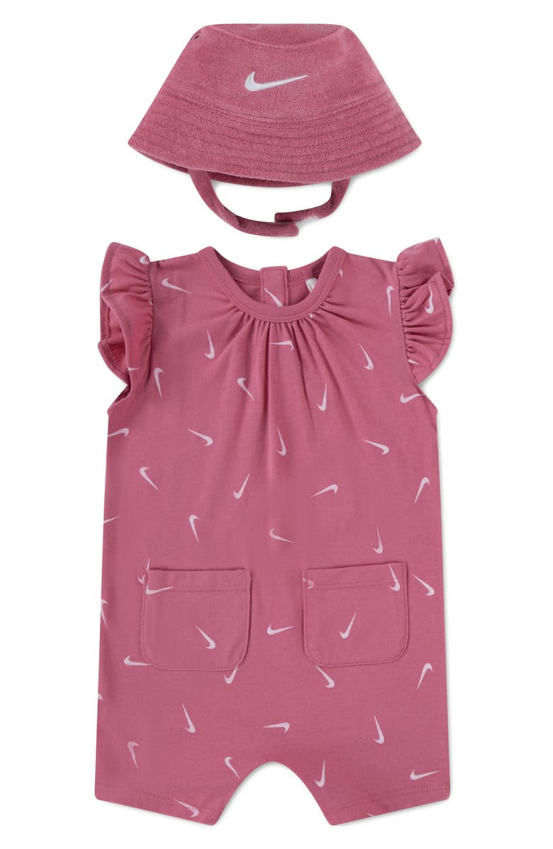 Nike Essentials Romper & Terry Cloth Bucket Hat, Main, color, Nike Peony