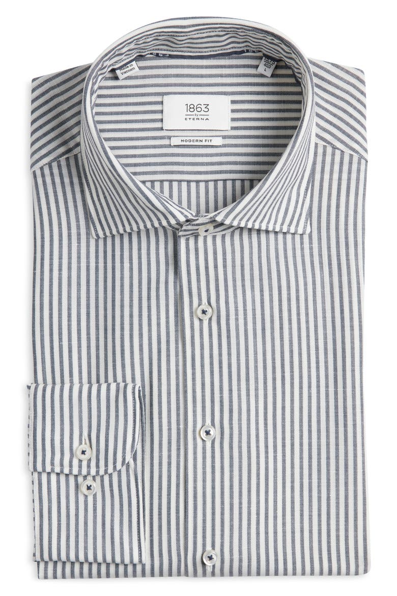 Soft Luxury Modern Fit Stripe Wool & Linen Non-Iron Dress Shirt, Alternate, color, NAVY