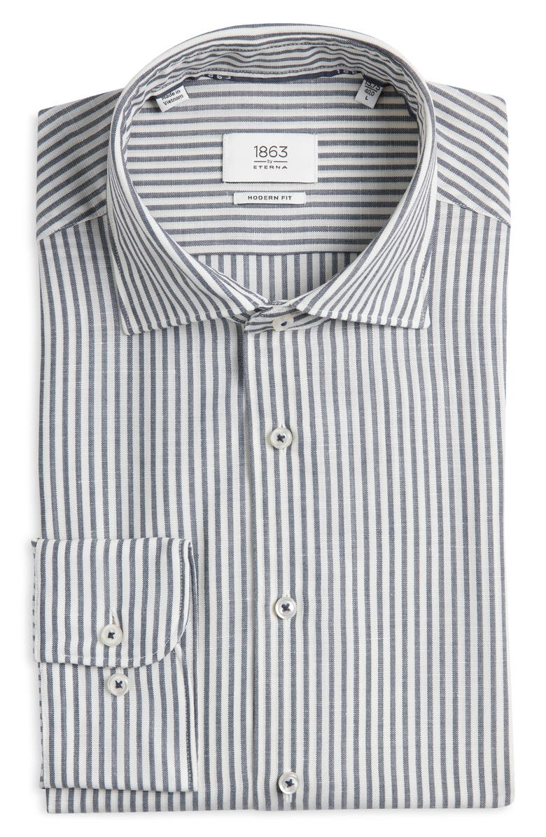 1863 by Eterna Soft Luxury Modern Fit Stripe Wool & Linen Non-Iron Dress Shirt, Main, color, Navy