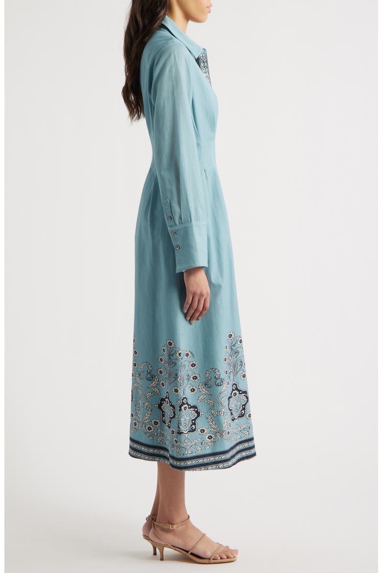Mirella Placed Print Long Sleeve Cotton & Linen Midi Dress, Alternate, color, CARDAMON BLUE
