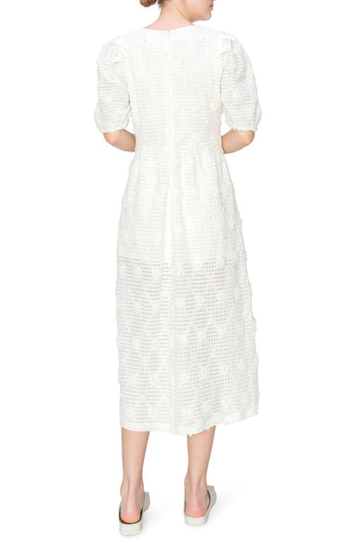 Melloday Textured Jacquard Puff Sleeve Midi Dress In White
