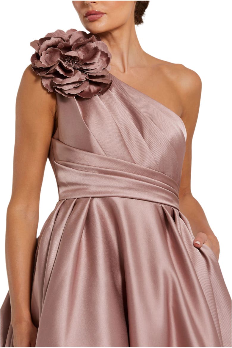 Pink One Shoulder Satin Ballgown With 3D Flower, Alternate, color, Rose