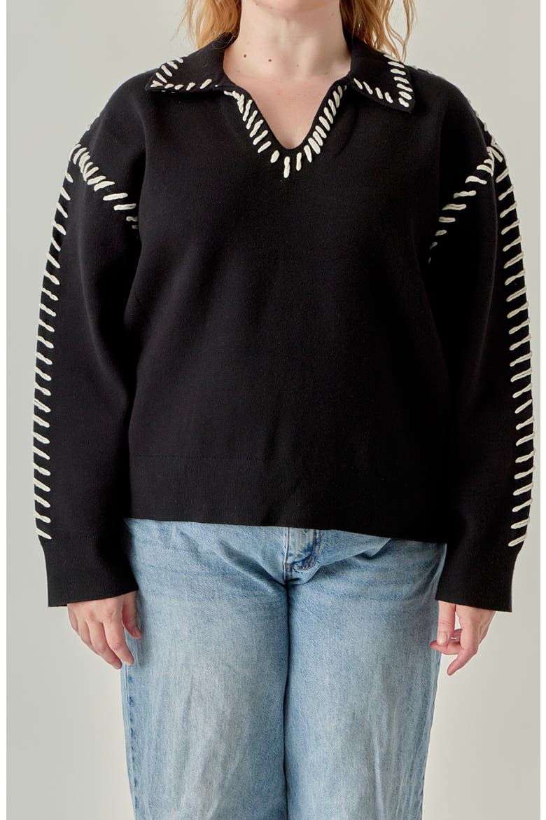 Blanket Stitch Detail Knit Top, Alternate, color, BLACK/ WHITE