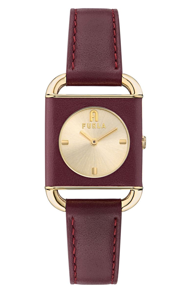 Furla Heritage Square Leather Strap Watch, 28mm, Main, color, Yellow Gold/ Burgundy