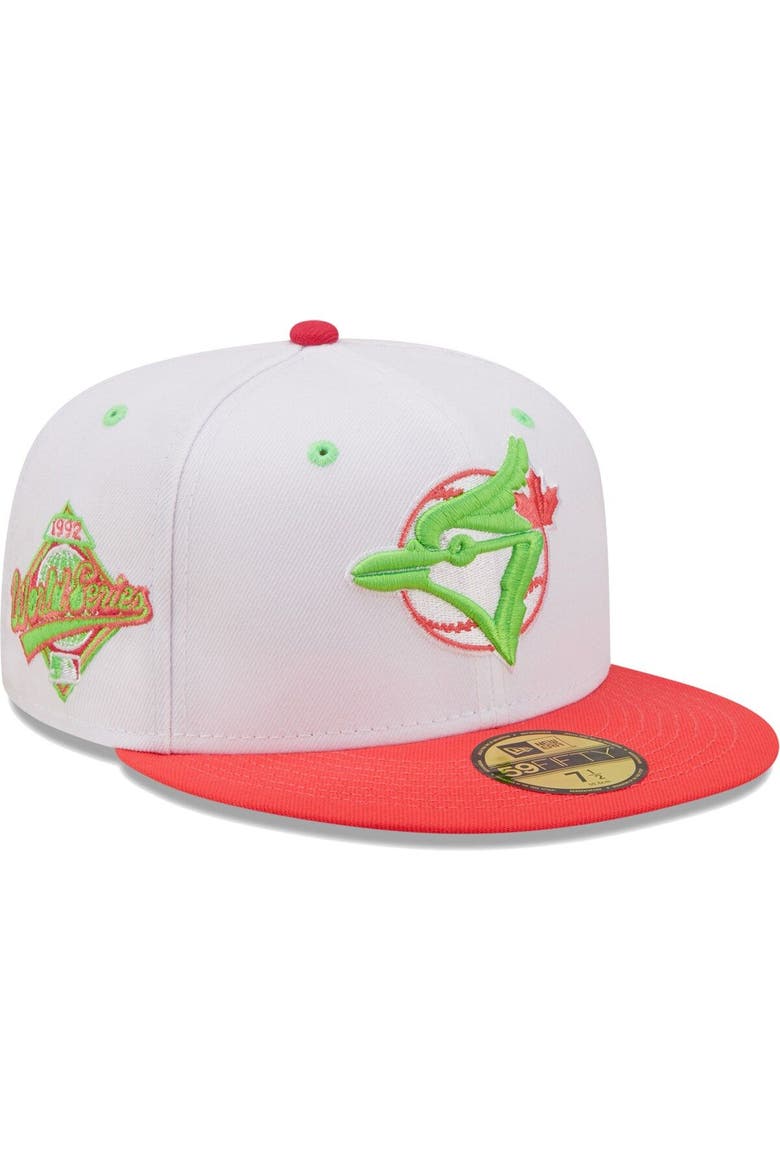 Men's New Era White/Coral Toronto Blue Jays 1992 World Series Strawberry Lolli 59FIFTY Fitted Hat, Main, color, White