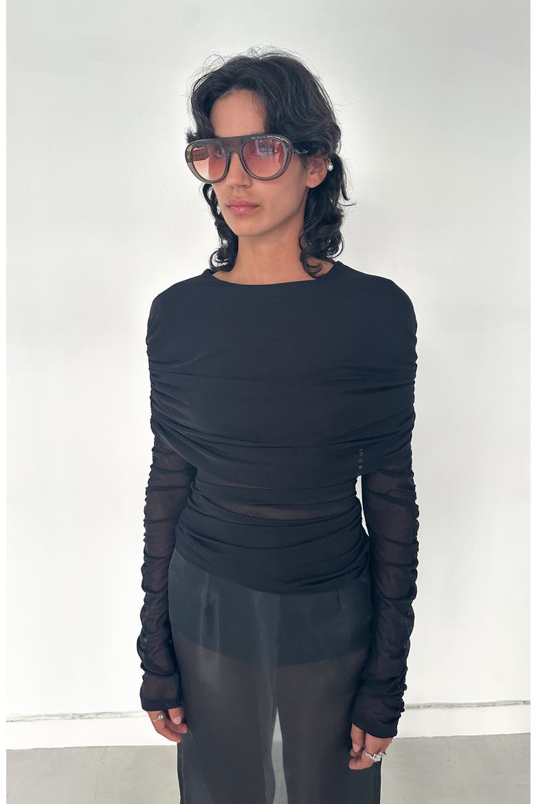 Moe Long Sleeve Mesh Cape Top, Alternate, color, Black