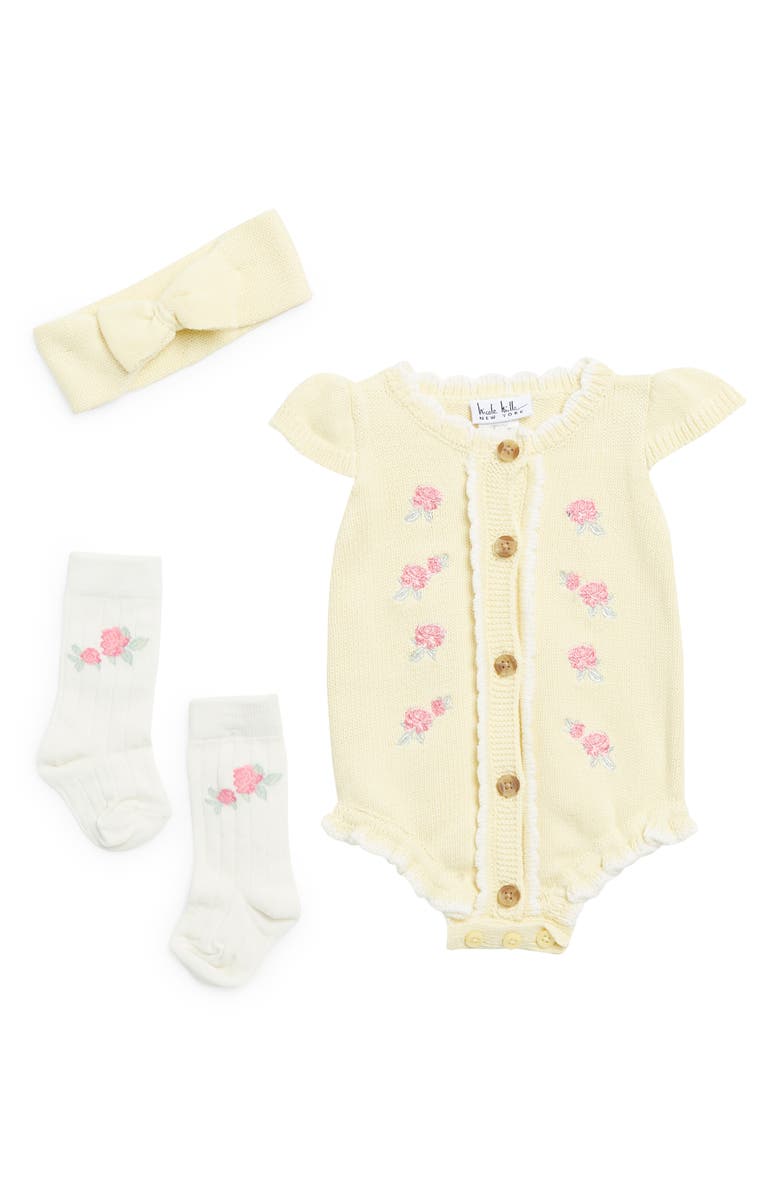 Nicole Miller Sweater Romper, Socks & Headband Set, Main, color, 