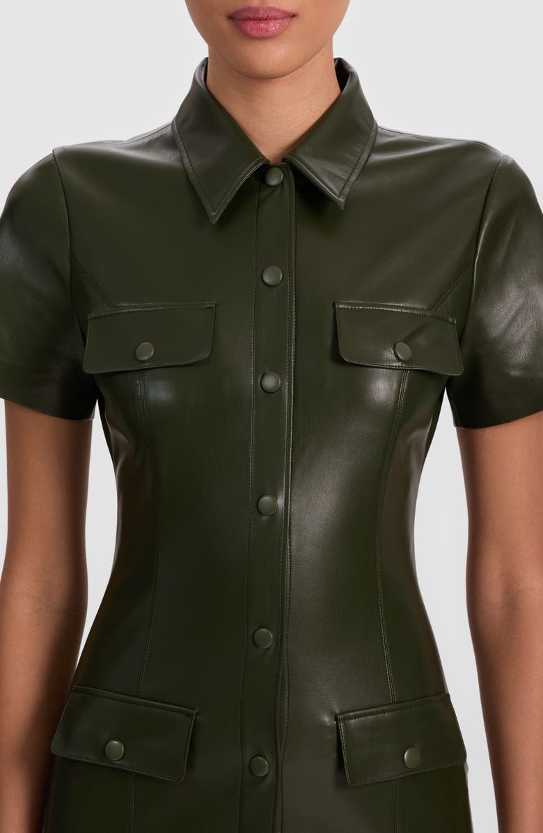 Alice + Olivia Jamie Faux Leather Mini Shirtdress, Alternate, color, Dark Olive