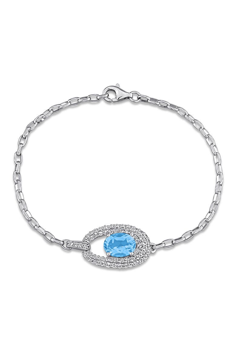 Sky Blue Topaz and Lab Created Sapphire Halo Bracelet, Main, color, BLUE