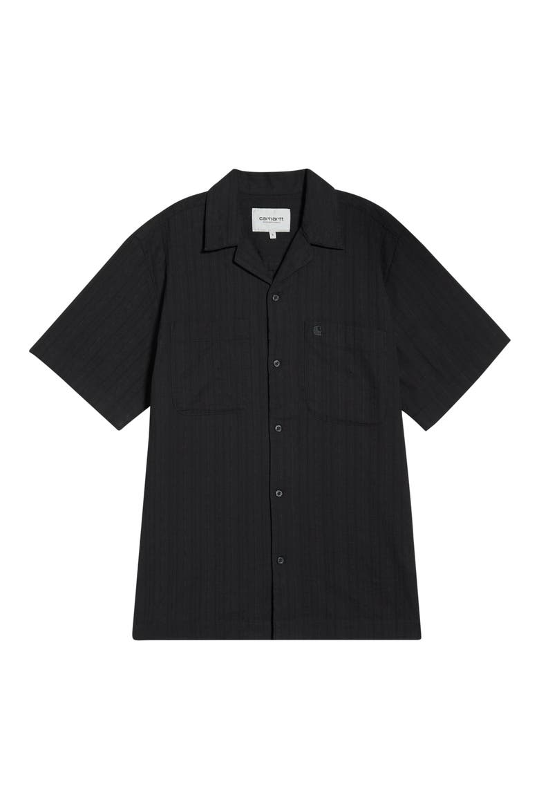 Gareth Cotton Seersucker Camp Shirt, Main, color, BLACK