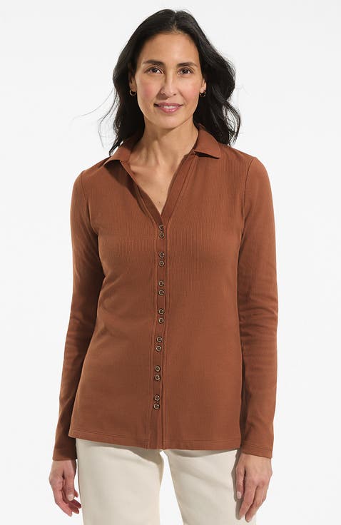 Long Sleeve Polished Rib Button Through Tunic Shirt