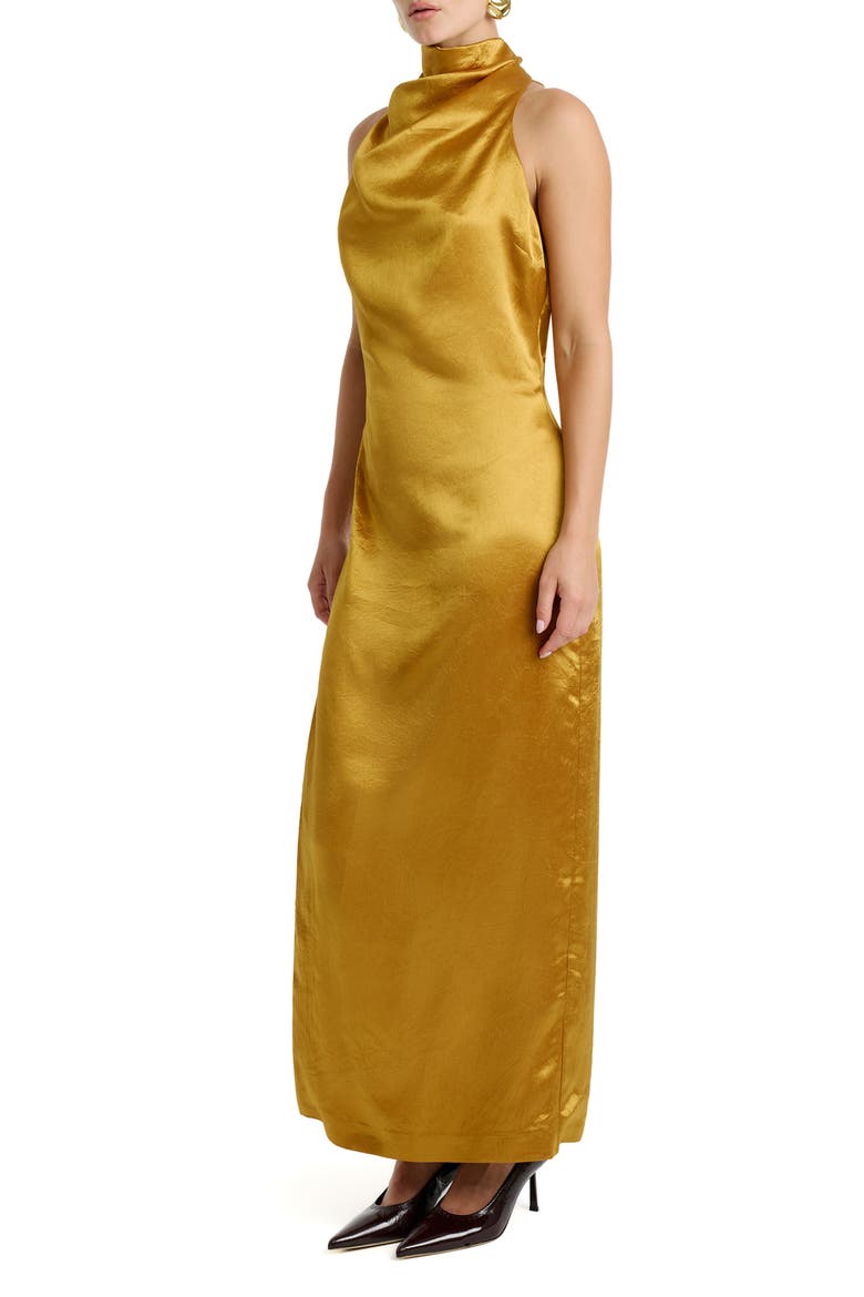 Thea High Neck Satin Gown, Alternate, color, GOLDEN