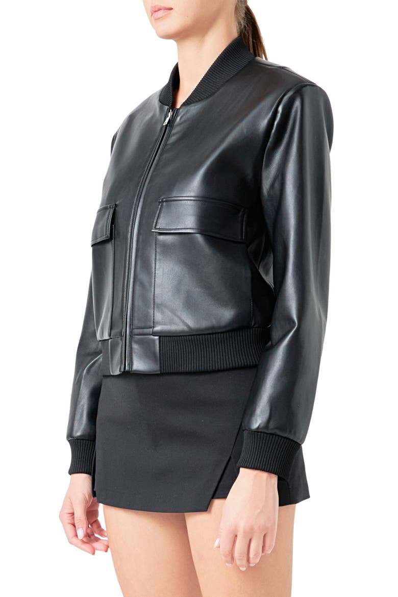 Faux Leather Bomber Jacket, Alternate, color, BLACK