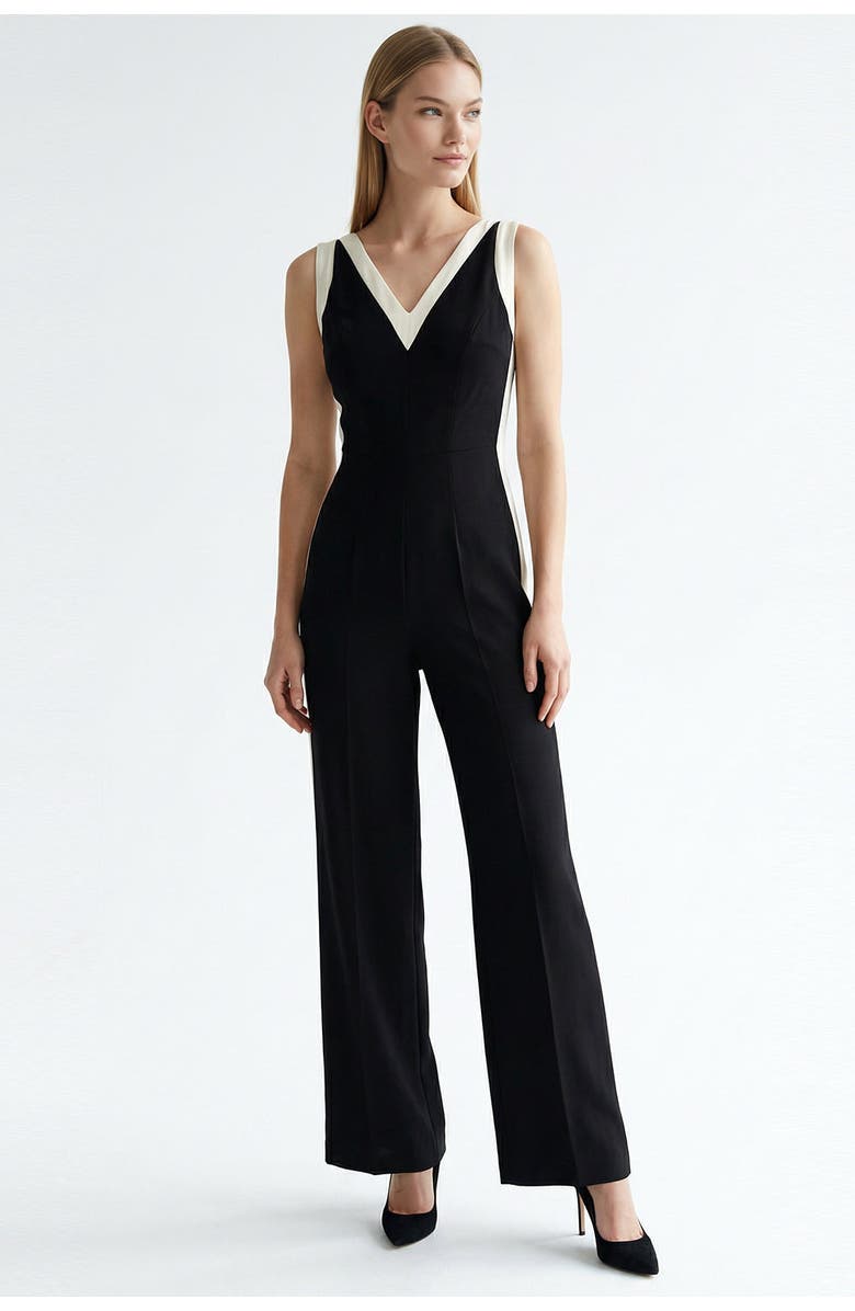Exquise V-Neck Sleeveless Regular Fit Jumpsuit With White Stripes, Main, color, Black