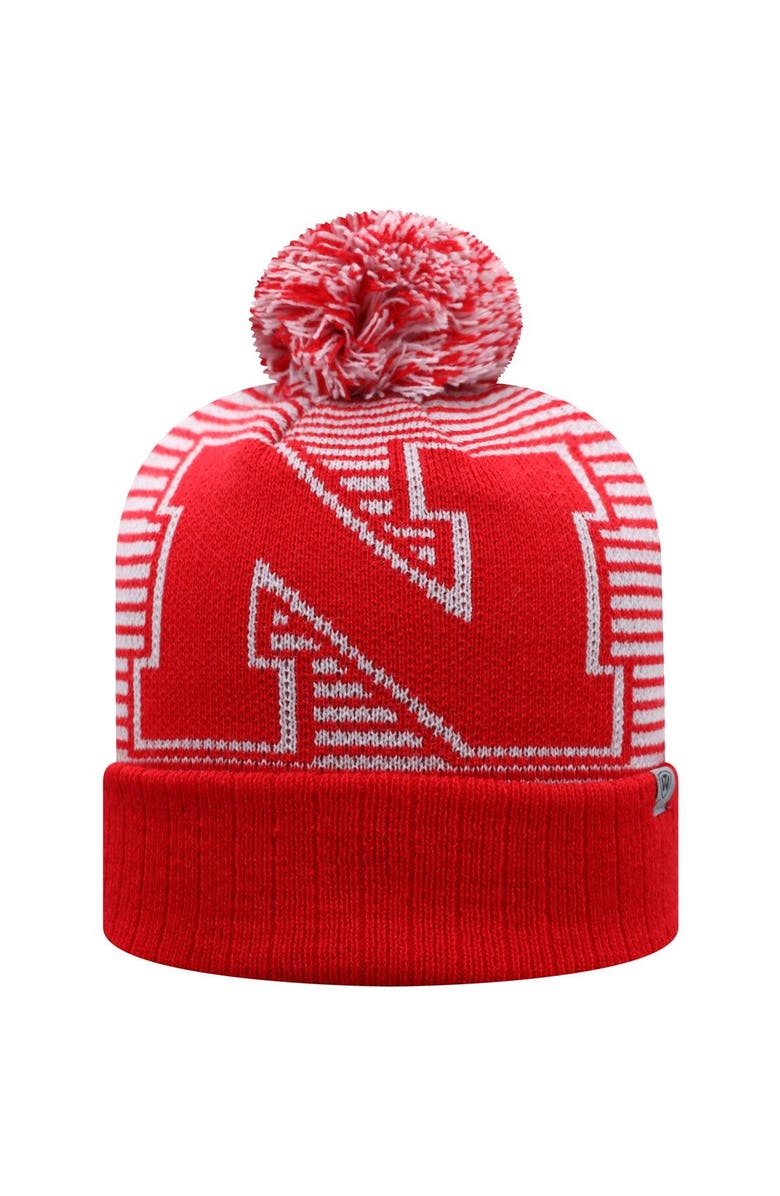 TOP OF THE WORLD Men's Top of the World Scarlet Nebraska Huskers Line Up Cuffed Knit Hat with Pom, Alternate, color, Scarlet