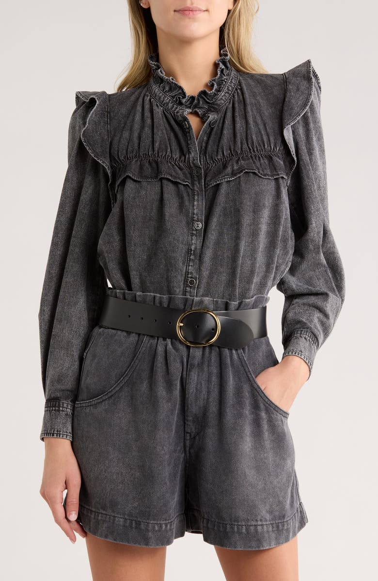 Isabel Marant Étoile Idety Ruffle Denim Button-Up Shirt, Main, color, Dark Grey