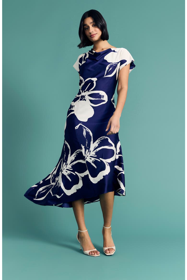 Asymmetric Hem Midi Dress, Alternate, color, NAVY/ CREAM