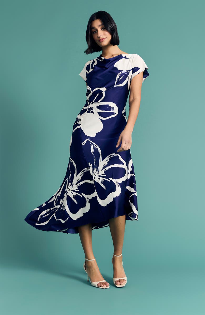 Maggy London Asymmetric Hem Midi Dress, Alternate, color, Navy/ Cream