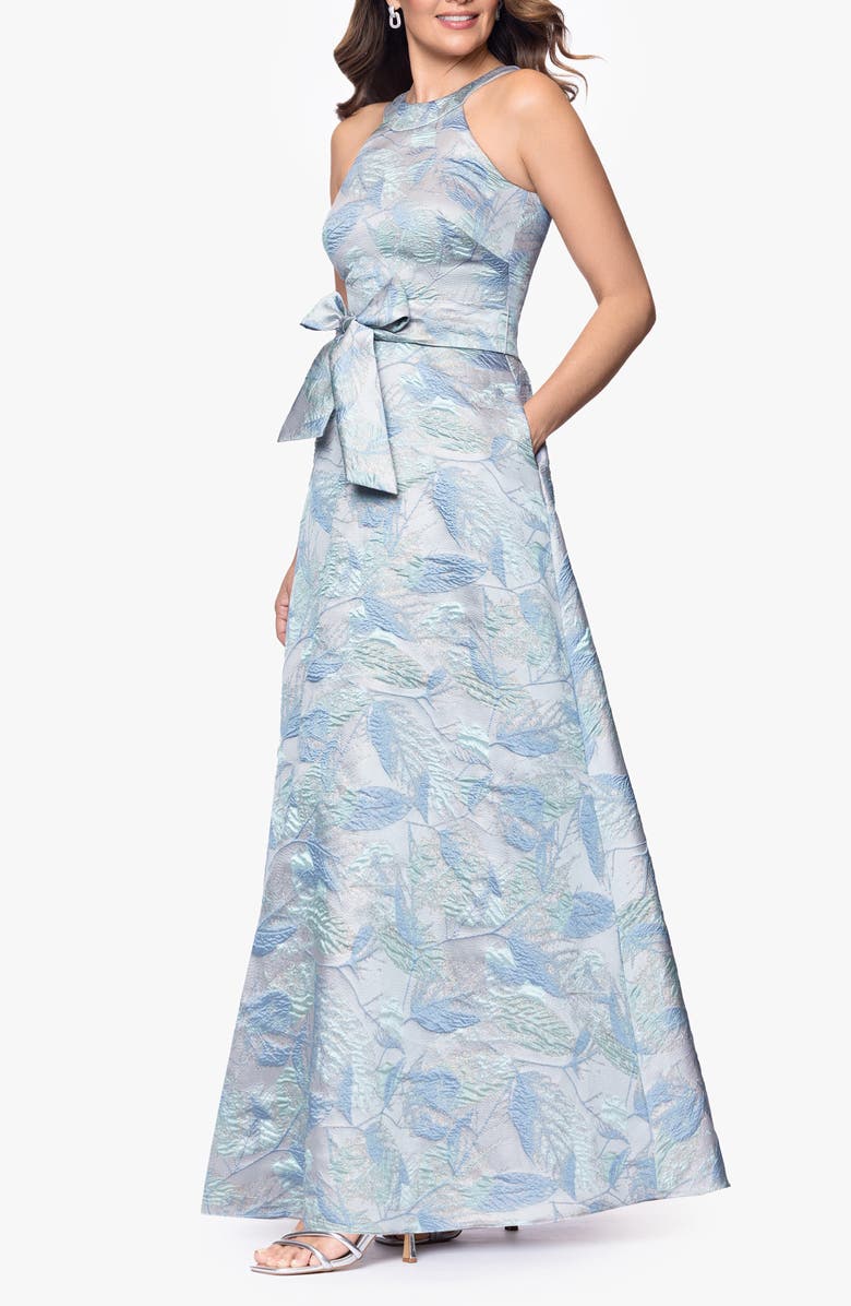 Betsy & Adam Bow Detail Leaf Brocade Ball Gown, Alternate, color, Sage/ Gold