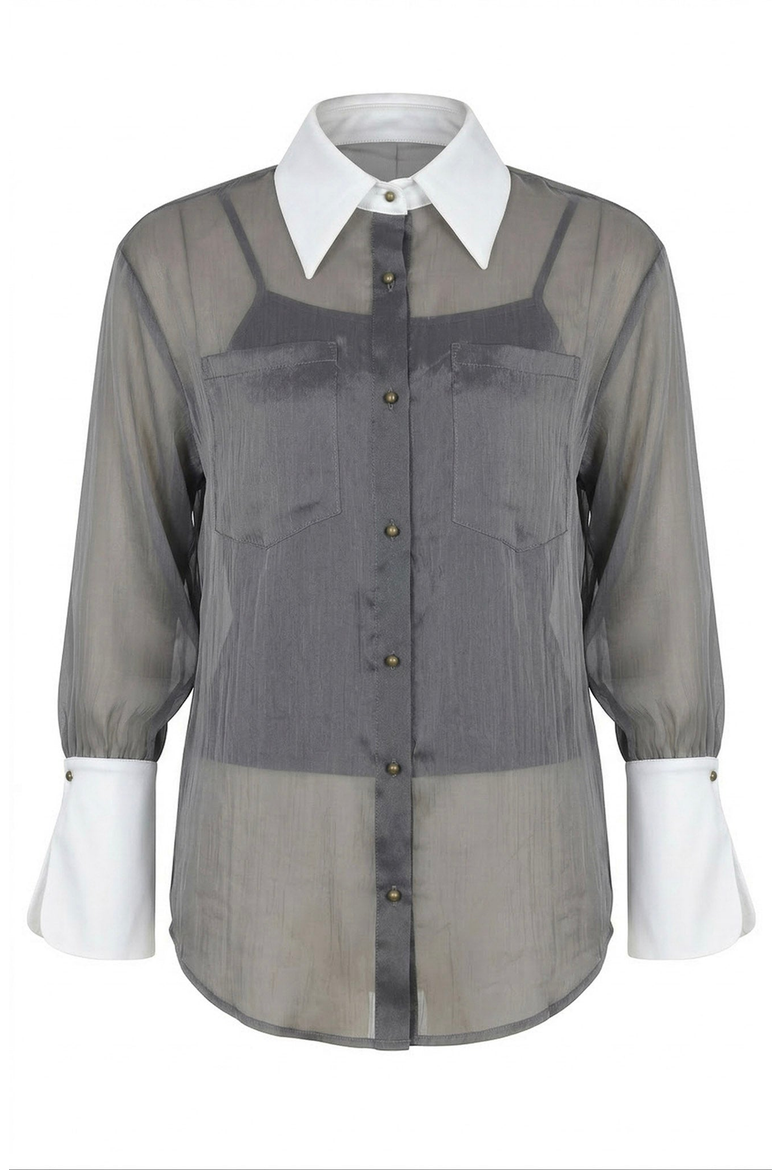 Sheer Button-Up Contrast Collar and Cuff Detail Blouse, Alternate, color, Charcoal Grey