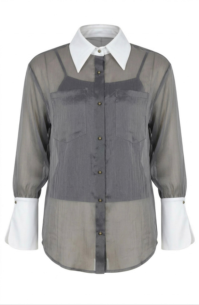 Modenaire Sheer Button-Up Contrast Collar and Cuff Detail Blouse, Alternate, color, Charcoal Grey
