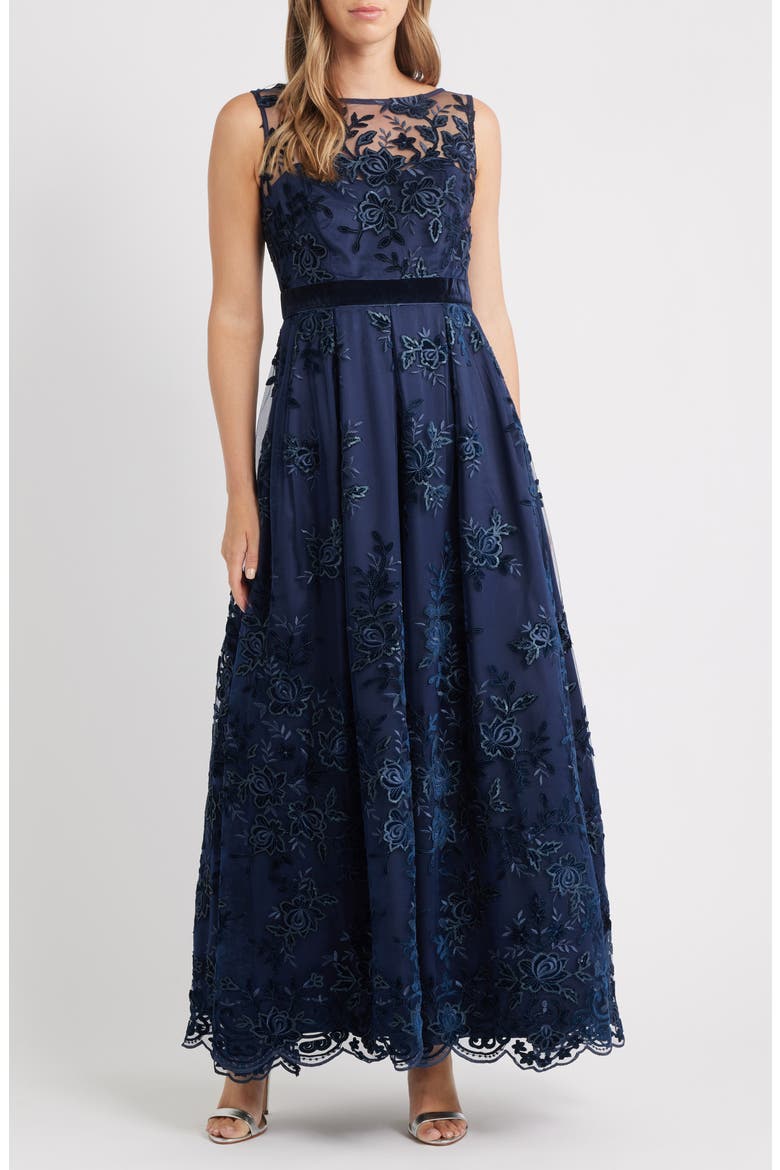 Embroidered Sequin Ballgown, Main, color, NAVY