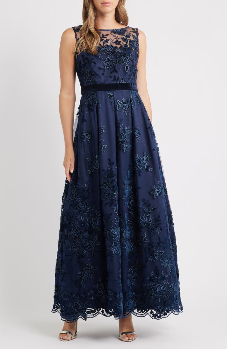 Eliza J Embroidered Sequin Ballgown, Main, color, Navy