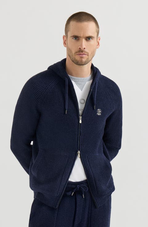 Cashmere English rib hooded knit sweatshirt with logo and zipper