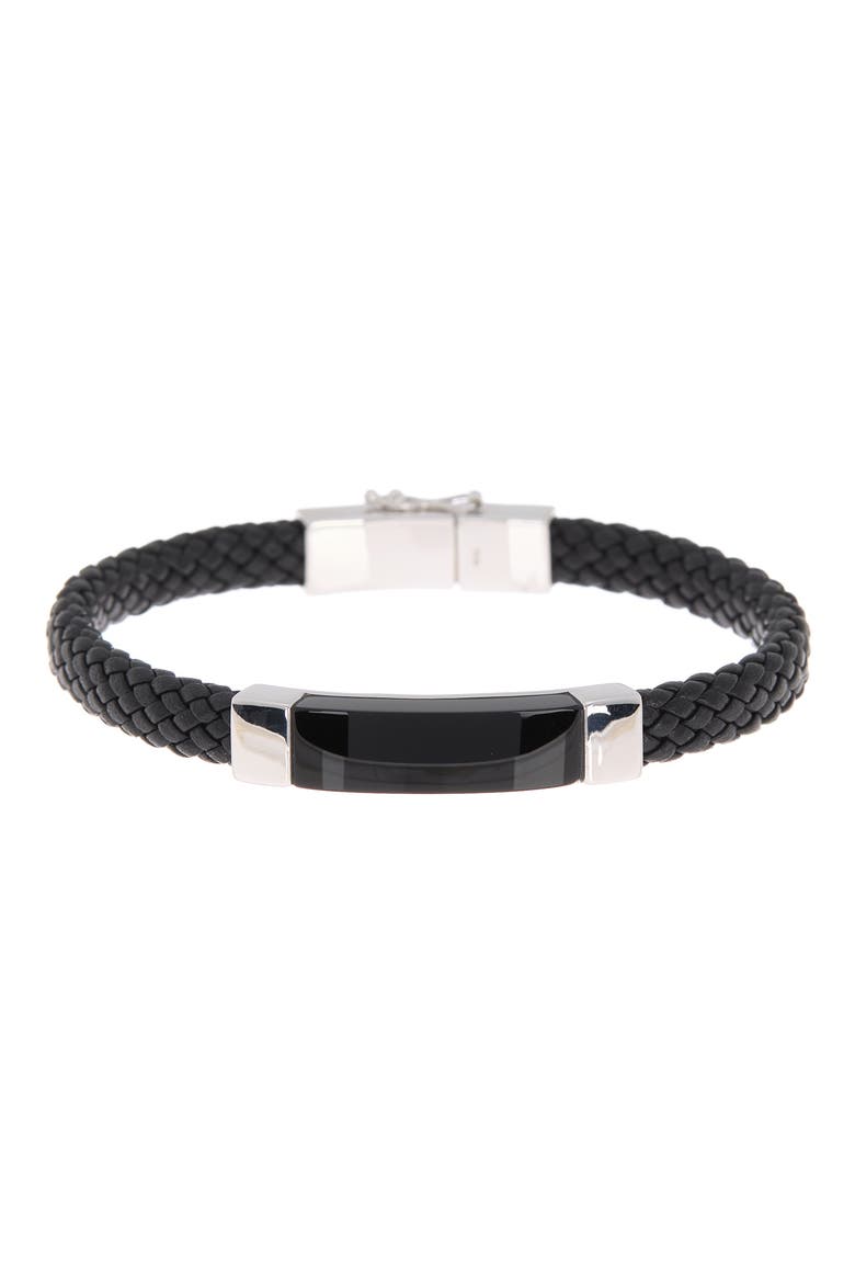 925 Sterling Silver Onyx Leather Bracelet, Main, color, BLACK