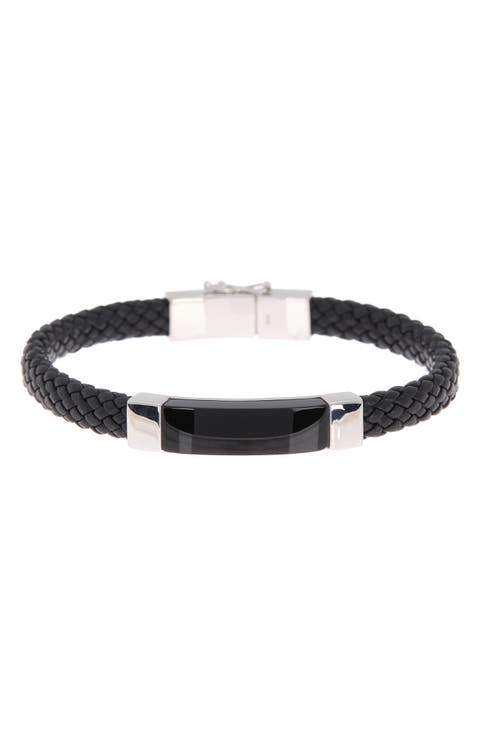 925 Sterling Silver Onyx Leather Bracelet