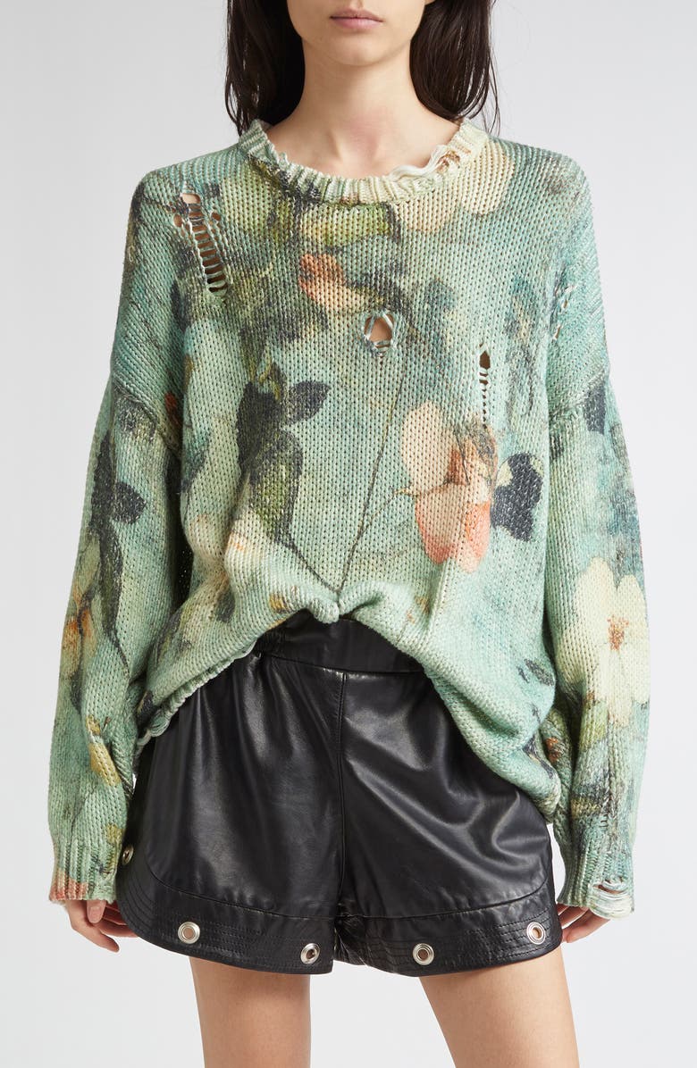 R13 Ripped Floral Oversize Cotton Sweater, Main, color, Turquoise Floral