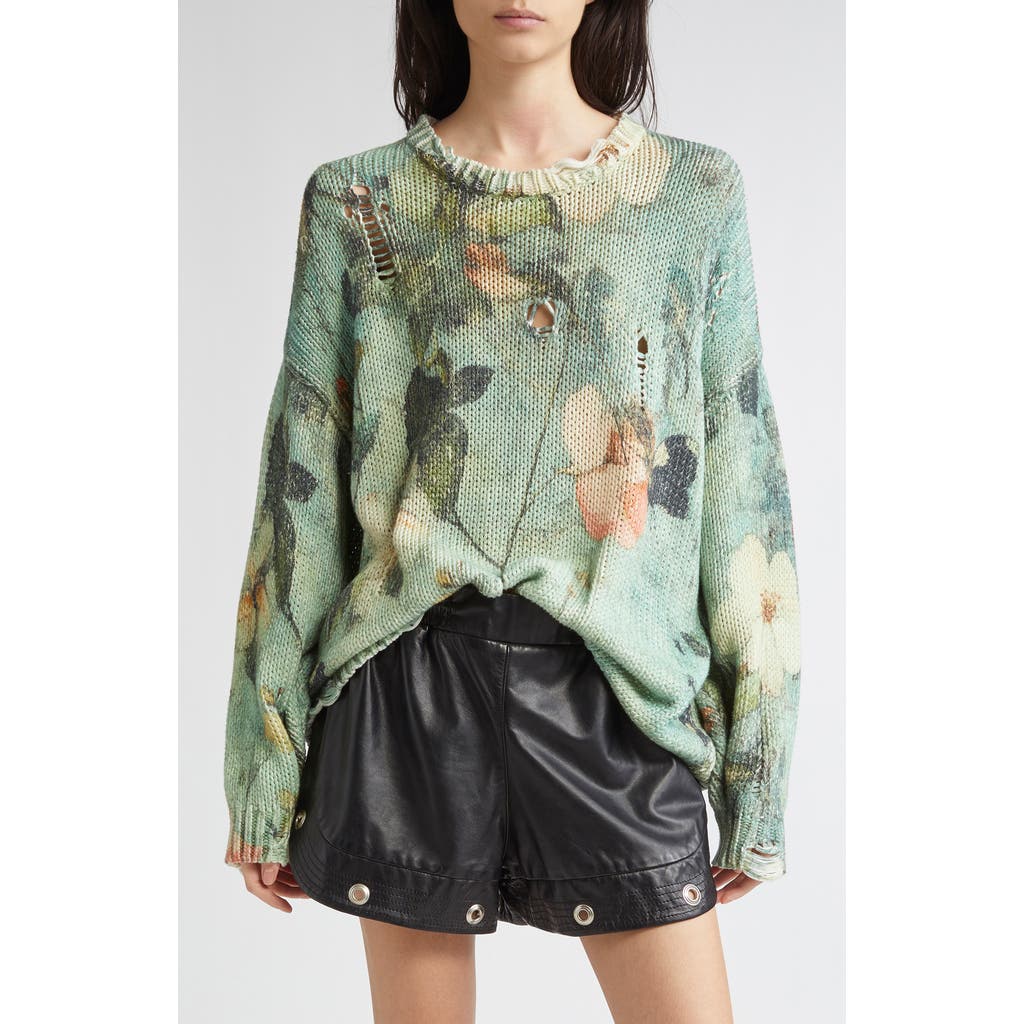 R13 Ripped Floral Oversize Cotton Sweater In Green