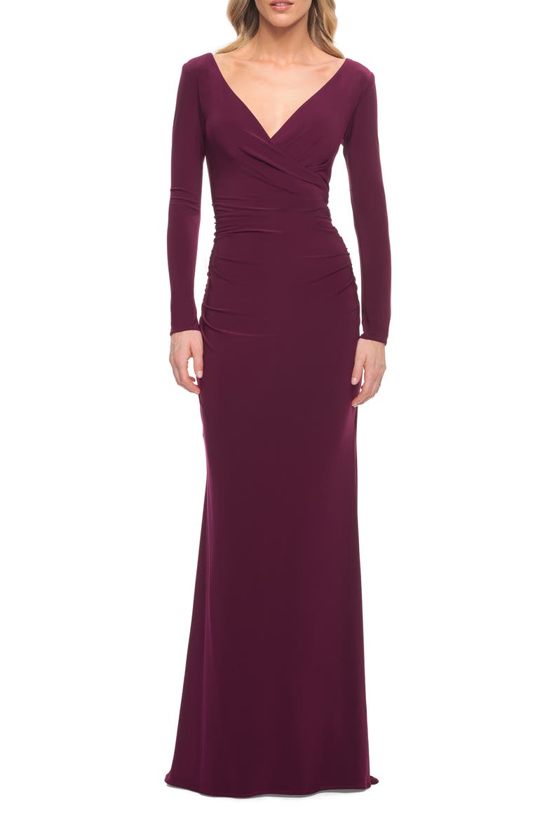 Long Sleeve Jersey Evening Dress with Ruching, Main, color, DARK BERRY