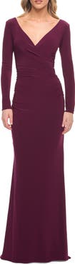 La Femme Long Sleeve Jersey Evening Dress with Ruching