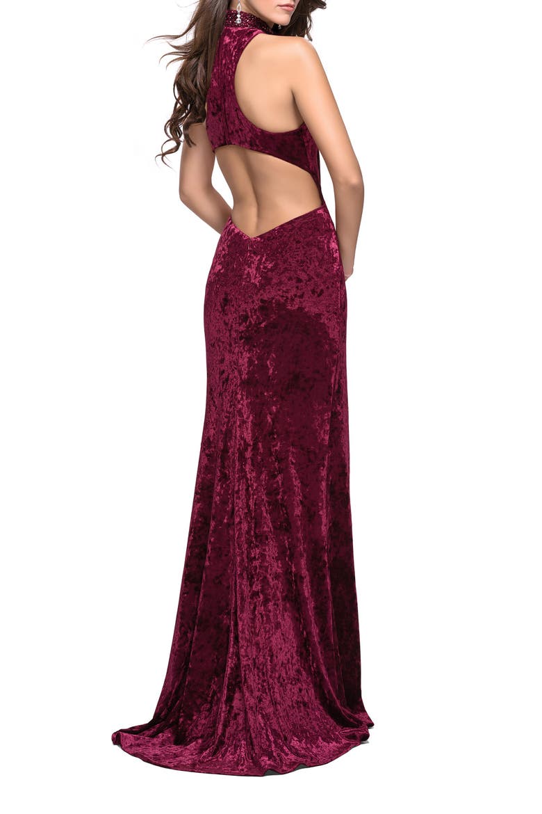Long Crushed Velvet Prom Dress with Beaded Choker, Alternate, color, Burgundy
