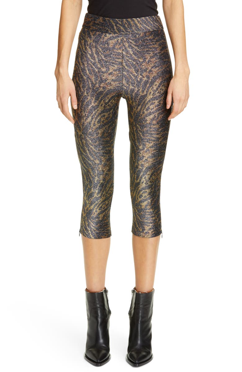 Ganni Tiger Print Metallic Jersey Crop Pants, Main, color, 