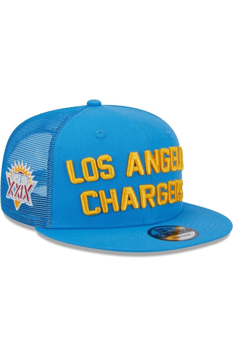 New Era Men's New Era Powder Blue Los Angeles Chargers Stacked Trucker 9FIFTY Snapback Hat, Main, color,
