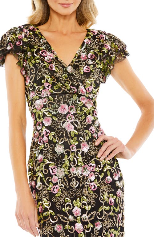 Mac Duggal Floral Embellished Flutter Cap Sleeve Dress In Black Multi