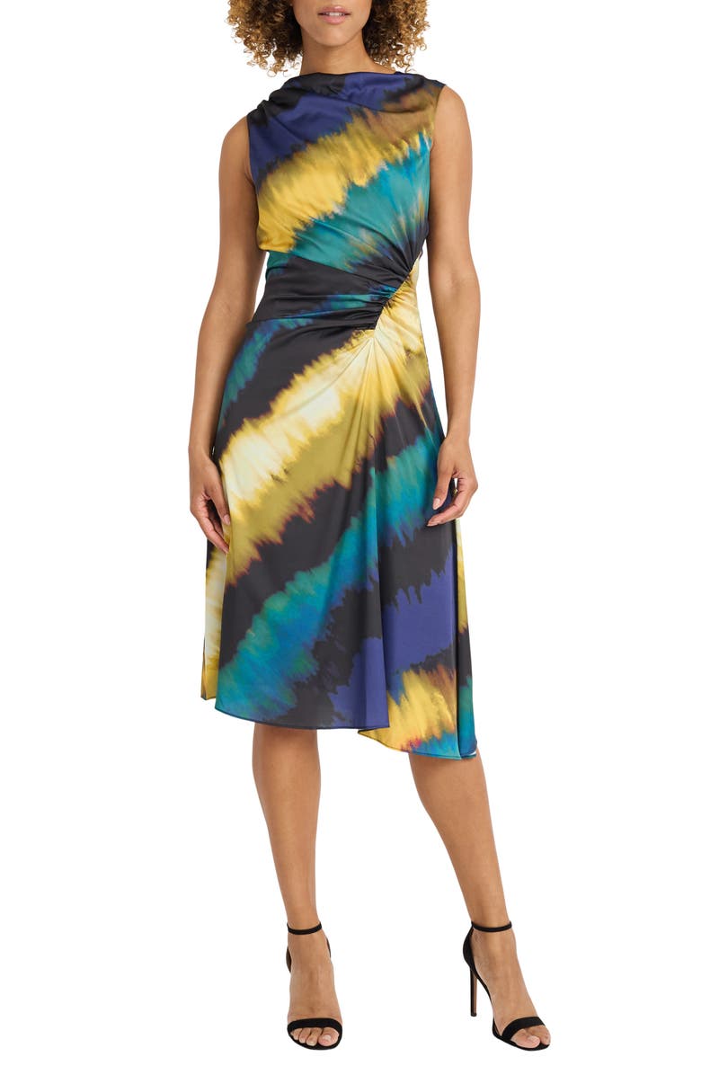 Maggy London Ruched Asymmetric Hem Midi Dress, Main, color, 