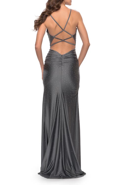 La Femme Rhinestone Jersey Dress With Slit And Ruching In Gunmetal
