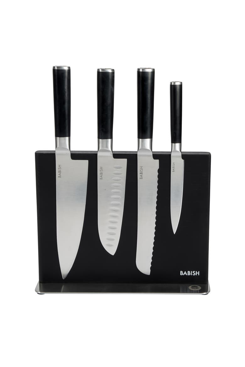 5-Piece German Steel Forged Knife Block Set with Magnetic Holder, Main, color, Stainless Steel