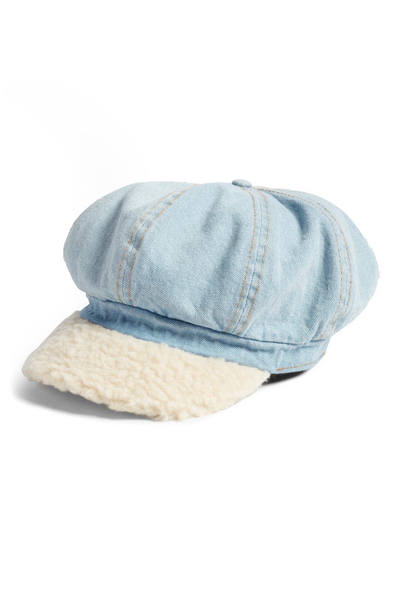 Faux Shearling & Denim Baker Boy Hat, Main, color, BLUE