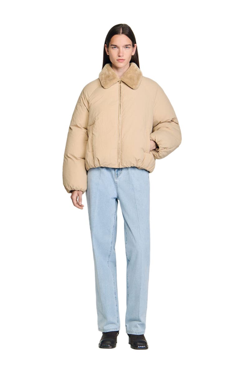 SANDRO Puffer jacket with faux shearling collar, Alternate, color, Beige