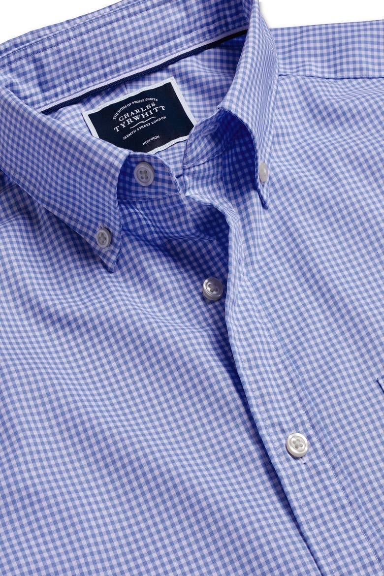 Slim Fit Button-Down Collar Non-Iron Stretch Mini Gingham Short Sleeve Shirt, Alternate, color, Ocean Blue