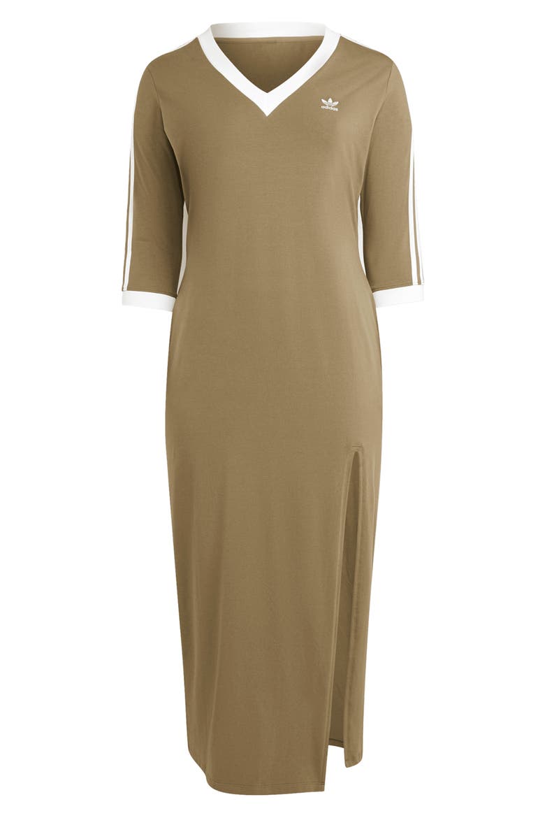 Adicolor 3-Stripes V-Neck Maxi Dress, Alternate, color, OLIVE STRATA/ WHITE