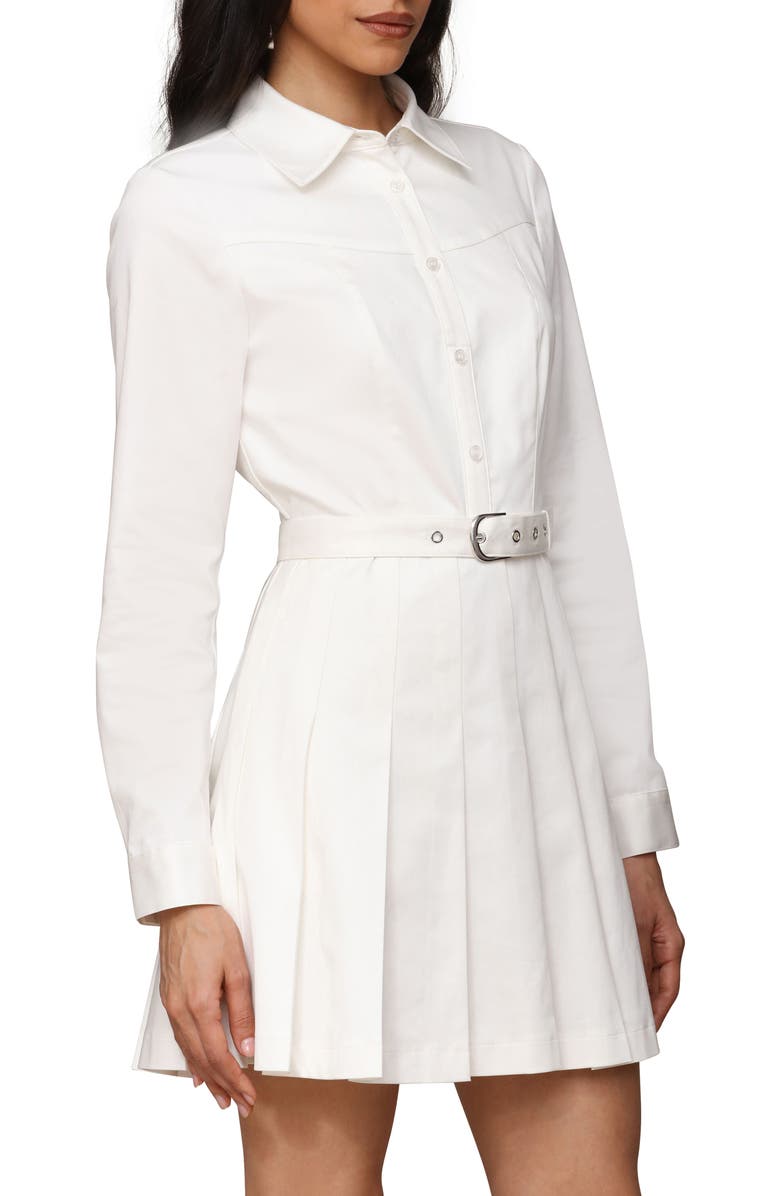 Avec Les Filles Pleated Belted Long Sleeve Cotton Blend Mini Shirtdress, Alternate, color, White